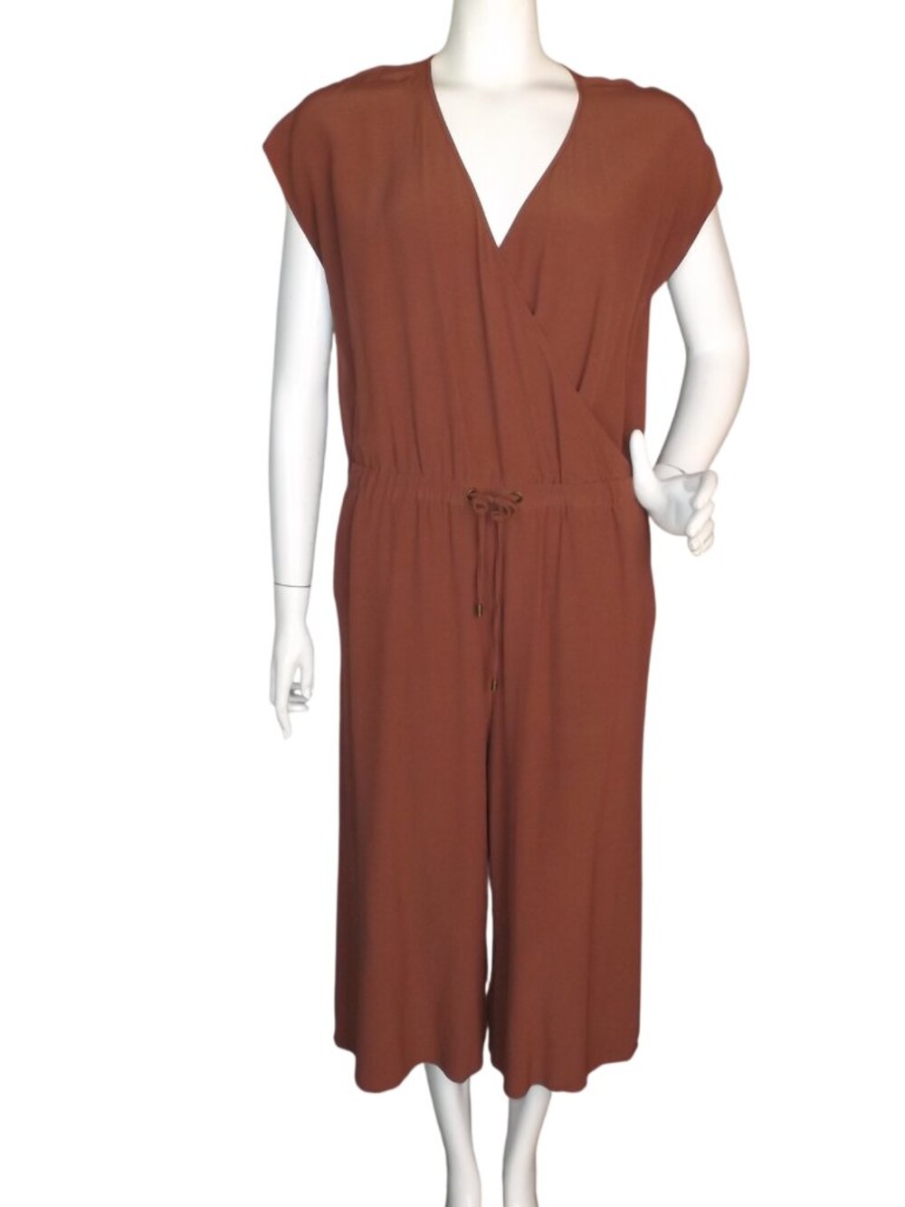 EILEEN FISHER Jumpsuit, M, Rust/Cinnamon, Cropped, V-neck, Pockets, Cap shoulder